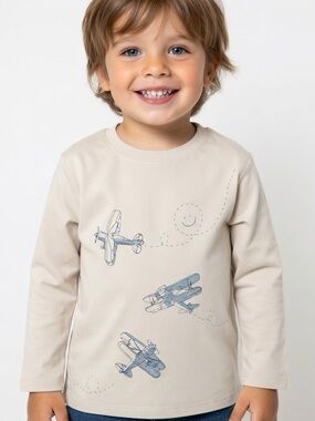 Kids Cat & Jack Beige Long-Sleeve Tee with Blue Airplane Prints